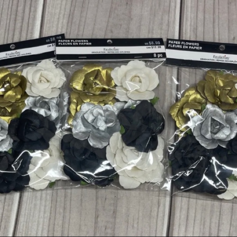 Recollections Graduation Paper Flowers Ivory Black Gold & Silver 3 Packs of 8